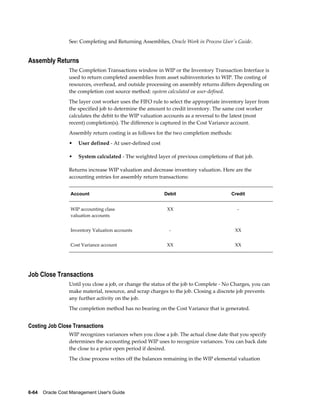 6-64    Oracle Cost Management User's Guide
See: Completing and Returning Assemblies, Oracle Work in Process User's Guide.
Assembly Returns
The Completion Transactions window in WIP or the Inventory Transaction Interface is
used to return completed assemblies from asset subinventories to WIP. The costing of
resources, overhead, and outside processing on assembly returns differs depending on
the completion cost source method: system calculated or user-defined.
The layer cost worker uses the FIFO rule to select the appropriate inventory layer from
the specified job to determine the amount to credit inventory. The same cost worker
calculates the debit to the WIP valuation accounts as a reversal to the latest (most
recent) completion(s). The difference is captured in the Cost Variance account.
Assembly return costing is as follows for the two completion methods:
• User defined - At user-defined cost
• System calculated - The weighted layer of previous completions of that job.
Returns increase WIP valuation and decrease inventory valuation. Here are the
accounting entries for assembly return transactions:
Account Debit Credit
WIP accounting class
valuation accounts
XX -
Inventory Valuation accounts - XX
Cost Variance account XX XX
Job Close Transactions
Until you close a job, or change the status of the job to Complete - No Charges, you can
make material, resource, and scrap charges to the job. Closing a discrete job prevents
any further activity on the job.
The completion method has no bearing on the Cost Variance that is generated.
Costing Job Close Transactions
WIP recognizes variances when you close a job. The actual close date that you specify
determines the accounting period WIP uses to recognize variances. You can back date
the close to a prior open period if desired.
The close process writes off the balances remaining in the WIP elemental valuation
 