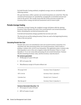 9-6    Oracle Cost Management User's Guide
For both Periodic Costing methods, (weighted) average costs are calculated in the
following manner:
On a per item basis, within a period, cost owned transactions are costed first. Then the
cost-derived transactions are calculated by averaging the accumulated amount and
units for the period. This usually means that the system processes receipts into
inventory before costing cost-derived transactions such as issues to jobs.
Periodic Average Costing
In Periodic Average Costing, the weighted average calculation adds the opening
Inventory Value amounts and units to the current period's cost-owned transactions
before calculating the cost-derived transaction costs.
Cost-derived transactions change quantities but not item unit costs.
The derived cost and the ending Inventory Value are used as the beginning Inventory
Value of the next period.
Calculating Periodic Item Cost
Periodic item cost is not calculated for each cost-owned inventory transaction. It is
calculated only after processing all the cost-owned transactions, which results in
posting a variance once, not for every transaction. The application posts a variance only
when quantity is zero or the cost is negative (when the Inventory Value is > 0 and
Quantity is < 0, or vice versa) after processing all cost-owned transactions. Variance
absorbs remaining inventory value, and the inventory value becomes 0.
No variance generated:
• PO Receipt of 5 units @ $5 each
• RTV of 4 units @ $6
• Miscellaneous receipt of 10 units without cost
PO receipt 5@ $5 Inventory Value 25, Quantity 5
RTV of 4@ $6 Inventory Value 1, Quantity 1
Calculate Cost Periodic Cost 1, Variance 0
Misc Receipt 10 Inventory Value 11, Quantity 11
Variance Generated (Quantity = 0)
• PO receipt of 5 units @ $5 each
• RTV of 5 units @ 4 each
 