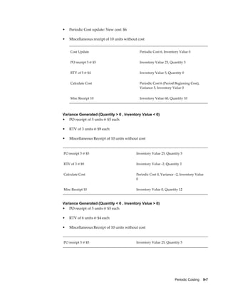 Periodic Costing    9-7
• Periodic Cost update: New cost: $6
• Miscellaneous receipt of 10 units without cost
Cost Update Periodic Cost 6, Inventory Value 0
PO receipt 5 @ $5 Inventory Value 25, Quantity 5
RTV of 5 @ $4 Inventory Value 5, Quantity 0
Calculate Cost Periodic Cost 6 (Period Beginning Cost),
Variance 5, Inventory Value 0
Misc Receipt 10 Inventory Value 60, Quantity 10
Variance Generated (Quantity > 0 , Inventory Value < 0)
• PO receipt of 5 units @ $5 each
• RTV of 3 units @ $9 each
• Miscellaneous Receipt of 10 units without cost
PO receipt 5 @ $5 Inventory Value 25, Quantity 5
RTV of 3 @ $9 Inventory Value -2, Quantity 2
Calculate Cost Periodic Cost 0, Variance –2, Inventory Value
0
Misc Receipt 10 Inventory Value 0, Quantity 12
Variance Generated (Quantity < 0 , Inventory Value > 0)
• PO receipt of 5 units @ $5 each
• RTV of 6 units @ $4 each
• Miscellaneous Receipt of 10 units without cost
PO receipt 5 @ $5 Inventory Value 25, Quantity 5
 