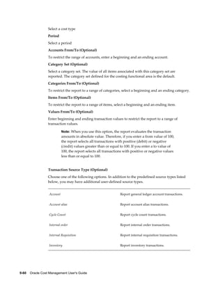9-60    Oracle Cost Management User's Guide
Select a cost type
Period
Select a period
Accounts From/To (Optional)
To restrict the range of accounts, enter a beginning and an ending account.
Category Set (Optional)
Select a category set. The value of all items associated with this category set are
reported. The category set defined for the costing functional area is the default.
Categories From/To (Optional)
To restrict the report to a range of categories, select a beginning and an ending category.
Items From/To (Optional)
To restrict the report to a range of items, select a beginning and an ending item.
Values From/To (Optional)
Enter beginning and ending transaction values to restrict the report to a range of
transaction values.
Note: When you use this option, the report evaluates the transaction
amounts in absolute value. Therefore, if you enter a from value of 100,
the report selects all transactions with positive (debit) or negative
(credit) values greater than or equal to 100. If you enter a to value of
100, the report selects all transactions with positive or negative values
less than or equal to 100.
Transaction Source Type (Optional)
Choose one of the following options. In addition to the predefined source types listed
below, you may have additional user-defined source types.
Account Report general ledger account transactions.
Account alias Report account alias transactions.
Cycle Count Report cycle count transactions.
Internal order Report internal order transactions.
Internal Requisition Report internal requisition transactions.
Inventory Report inventory transactions.
 