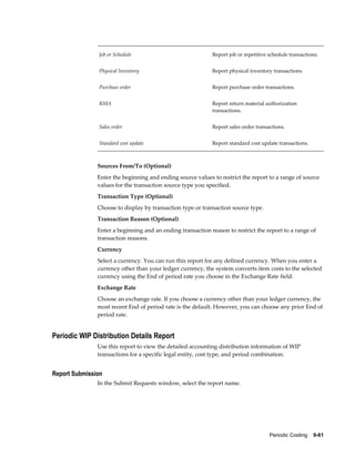Periodic Costing    9-61
Job or Schedule Report job or repetitive schedule transactions.
Physical Inventory Report physical inventory transactions.
Purchase order Report purchase order transactions.
RMA Report return material authorization
transactions.
Sales order Report sales order transactions.
Standard cost update Report standard cost update transactions.
Sources From/To (Optional)
Enter the beginning and ending source values to restrict the report to a range of source
values for the transaction source type you specified.
Transaction Type (Optional)
Choose to display by transaction type or transaction source type.
Transaction Reason (Optional)
Enter a beginning and an ending transaction reason to restrict the report to a range of
transaction reasons.
Currency
Select a currency. You can run this report for any defined currency. When you enter a
currency other than your ledger currency, the system converts item costs to the selected
currency using the End of period rate you choose in the Exchange Rate field.
Exchange Rate
Choose an exchange rate. If you choose a currency other than your ledger currency, the
most recent End of period rate is the default. However, you can choose any prior End of
period rate.
Periodic WIP Distribution Details Report
Use this report to view the detailed accounting distribution information of WIP
transactions for a specific legal entity, cost type, and period combination.
Report Submission
In the Submit Requests window, select the report name.
 