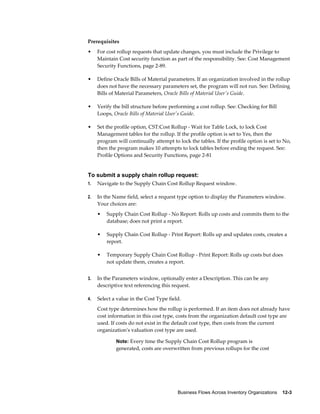 Business Flows Across Inventory Organizations    12-3
Prerequisites
• For cost rollup requests that update changes, you must include the Privilege to
Maintain Cost security function as part of the responsibility. See: Cost Management
Security Functions, page 2-89.
• Define Oracle Bills of Material parameters. If an organization involved in the rollup
does not have the necessary parameters set, the program will not run. See: Defining
Bills of Material Parameters, Oracle Bills of Material User's Guide.
• Verify the bill structure before performing a cost rollup. See: Checking for Bill
Loops, Oracle Bills of Material User's Guide.
• Set the profile option, CST:Cost Rollup - Wait for Table Lock, to lock Cost
Management tables for the rollup. If the profile option is set to Yes, then the
program will continually attempt to lock the tables. If the profile option is set to No,
then the program makes 10 attempts to lock tables before ending the request. See:
Profile Options and Security Functions, page 2-81
To submit a supply chain rollup request:
1. Navigate to the Supply Chain Cost Rollup Request window.
2. In the Name field, select a request type option to display the Parameters window.
Your choices are:
• Supply Chain Cost Rollup - No Report: Rolls up costs and commits them to the
database; does not print a report.
• Supply Chain Cost Rollup - Print Report: Rolls up and updates costs, creates a
report.
• Temporary Supply Chain Cost Rollup - Print Report: Rolls up costs but does
not update them, creates a report.
3. In the Parameters window, optionally enter a Description. This can be any
descriptive text referencing this request.
4. Select a value in the Cost Type field.
Cost type determines how the rollup is performed. If an item does not already have
cost information in this cost type, costs from the organization default cost type are
used. If costs do not exist in the default cost type, then costs from the current
organization's valuation cost type are used.
Note: Every time the Supply Chain Cost Rollup program is
generated, costs are overwritten from previous rollups for the cost
 