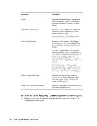 13-6    Oracle Cost Management User's Guide
Parameter Description
Report Optional; determines whether to generate a
report showing the results of the Subledger
Accounting program in summary or detail
format
Transfer to General Ledger Required if Mode is set to Final; determines
whether to transfer the subledger journal
entries to General Ledger.
Journal import is not launched if set to Yes.
Post in General Ledger Required if Mode is set to Final or Create
Accounting is set to No; determines whether
to post subledger journal entries in General
Ledger.
If there is a primary ledger with secondary
ledgers attached to it and the application is a
nonvaluation method application, the journal
entries of the secondary ledgers are
automatically posted. This is based on the
application accounting definition that the user
sets up.
If the application is a valuation method
application, then there is a different event for
that secondary ledger and the accounting is
not created in the same run for both ledgers.
General Ledger Batch Name Optional; user-entered batch name that
appears on the transferred General Ledger
subledger journal entries. Transfer to GL
option must be set to Yes.
Include User Transaction Identifiers Required: Identifies the organization that each
accounting entry belongs to.
To submit the Create Accounting - Cost Management concurrent request:
1. Navigate to the Create Accounting - Cost Management concurrent request. The
Parameters window appears.
 