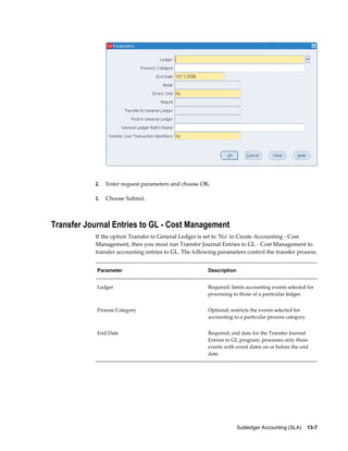 Subledger Accounting (SLA)    13-7
2. Enter request parameters and choose OK.
3. Choose Submit.
Transfer Journal Entries to GL - Cost Management
If the option Transfer to General Ledger is set to 'No' in Create Accounting - Cost
Management, then you must run Transfer Journal Entries to GL - Cost Management to
transfer accounting entries to GL. The following parameters control the transfer process.
Parameter Description
Ledger Required; limits accounting events selected for
processing to those of a particular ledger.
Process Category Optional; restricts the events selected for
accounting to a particular process category.
End Date Required; end date for the Transfer Journal
Entries to GL program; processes only those
events with event dates on or before the end
date.
 