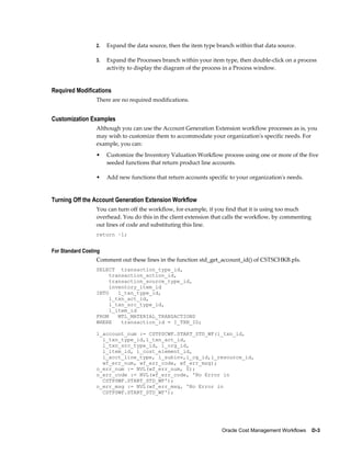 Oracle Cost Management Workflows    D-3
2. Expand the data source, then the item type branch within that data source.
3. Expand the Processes branch within your item type, then double-click on a process
activity to display the diagram of the process in a Process window.
Required Modifications
There are no required modifications.
Customization Examples
Although you can use the Account Generation Extension workflow processes as is, you
may wish to customize them to accommodate your organization's specific needs. For
example, you can:
• Customize the Inventory Valuation Workflow process using one or more of the five
seeded functions that return product line accounts.
• Add new functions that return accounts specific to your organization's needs.
Turning Off the Account Generation Extension Workflow
You can turn off the workflow, for example, if you find that it is using too much
overhead. You do this in the client extension that calls the workflow, by commenting
out lines of code and substituting this line.
return –1;
For Standard Costing
Comment out these lines in the function std_get_account_id() of CSTSCHKB.pls.
SELECT transaction_type_id,
transaction_action_id,
transaction_source_type_id,
inventory_item_id
INTO l_txn_type_id,
l_txn_act_id,
l_txn_src_type_id,
l_item_id
FROM MTL_MATERIAL_TRANSACTIONS
WHERE transaction_id = I_TXN_ID;
l_account_num := CSTPSCWF.START_STD_WF(i_txn_id,
l_txn_type_id,l_txn_act_id,
l_txn_src_type_id, i_org_id,
l_item_id, i_cost_element_id,
i_acct_line_type, i_subinv,i_cg_id,i_resource_id,
wf_err_num, wf_err_code, wf_err_msg);
o_err_num := NVL(wf_err_num, 0);
o_err_code := NVL(wf_err_code, 'No Error in
CSTPSWF.START_STD_WF');
o_err_msg := NVL(wf_err_msg, 'No Error in
CSTPSWF.START_STD_WF');
 