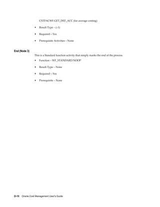 D-10    Oracle Cost Management User's Guide
CSTPACWF.GET_DEF_ACC (for average costing)
• Result Type – (–1)
• Required – Yes
• Prerequisite Activities – None
End (Node 3)
This is a Standard function activity that simply marks the end of the process.
• Function – WF_STANDARD.NOOP
• Result Type – None
• Required – Yes
• Prerequisite – None
 