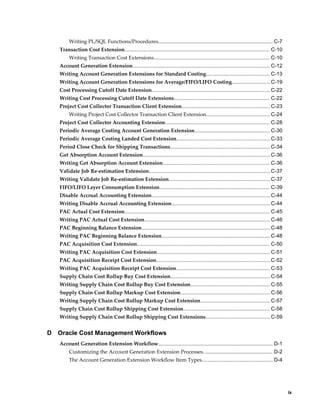     ix
Writing PL/SQL Functions/Procedures............................................................................... C-7
Transaction Cost Extension.................................................................................................... C-10
Writing Transaction Cost Extensions................................................................................ C-10
Account Generation Extension............................................................................................... C-12
Writing Account Generation Extensions for Standard Costing............................................ C-13
Writing Account Generation Extensions for Average/FIFO/LIFO Costing...........................C-19
Cost Processing Cutoff Date Extension..................................................................................C-22
Writing Cost Processing Cutoff Date Extensions.................................................................. C-22
Project Cost Collector Transaction Client Extension............................................................. C-23
Writing Project Cost Collector Transaction Client Extension............................................ C-24
Project Cost Collector Accounting Extension........................................................................ C-28
Periodic Average Costing Account Generation Extension.................................................... C-30
Periodic Average Costing Landed Cost Extension.................................................................C-33
Period Close Check for Shipping Transactions..................................................................... C-34
Get Absorption Account Extension........................................................................................C-36
Writing Get Absorption Account Extension.......................................................................... C-36
Validate Job Re-estimation Extension....................................................................................C-37
Writing Validate Job Re-estimation Extension...................................................................... C-37
FIFO/LIFO Layer Consumption Extension............................................................................ C-39
Disable Accrual Accounting Extension..................................................................................C-44
Writing Disable Accrual Accounting Extension.................................................................... C-44
PAC Actual Cost Extension.................................................................................................... C-45
Writing PAC Actual Cost Extension.......................................................................................C-46
PAC Beginning Balance Extension.........................................................................................C-48
Writing PAC Beginning Balance Extension........................................................................... C-48
PAC Acquisition Cost Extension............................................................................................ C-50
Writing PAC Acquisition Cost Extension.............................................................................. C-51
PAC Acquisition Receipt Cost Extension...............................................................................C-52
Writing PAC Acquisition Receipt Cost Extension.................................................................C-53
Supply Chain Cost Rollup Buy Cost Extension.....................................................................C-54
Writing Supply Chain Cost Rollup Buy Cost Extension....................................................... C-55
Supply Chain Cost Rollup Markup Cost Extension.............................................................. C-56
Writing Supply Chain Cost Rollup Markup Cost Extension................................................ C-57
Supply Chain Cost Rollup Shipping Cost Extension............................................................ C-58
Writing Supply Chain Cost Rollup Shipping Cost Extensions.............................................C-59
D Oracle Cost Management Workflows
Account Generation Extension Workflow............................................................................... D-1
Customizing the Account Generation Extension Processes................................................ D-2
The Account Generation Extension Workflow Item Types................................................. D-4
 