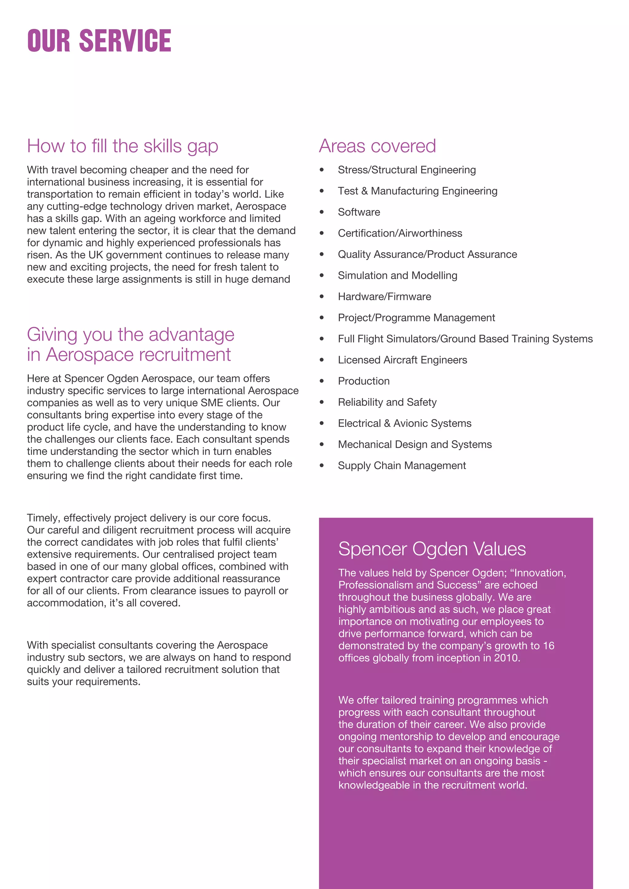 How to fill the skills gap
With travel becoming cheaper and the need for
international business increasing, it is essential for
transportation to remain efficient in today’s world. Like
any cutting-edge technology driven market, Aerospace
has a skills gap. With an ageing workforce and limited
new talent entering the sector, it is clear that the demand
for dynamic and highly experienced professionals has
risen. As the UK government continues to release many
new and exciting projects, the need for fresh talent to
execute these large assignments is still in huge demand
Giving you the advantage
in Aerospace recruitment
Here at Spencer Ogden Aerospace, our team offers
industry specific services to large international Aerospace
companies as well as to very unique SME clients. Our
consultants bring expertise into every stage of the
product life cycle, and have the understanding to know
the challenges our clients face. Each consultant spends
time understanding the sector which in turn enables
them to challenge clients about their needs for each role
ensuring we find the right candidate first time.
Timely, effectively project delivery is our core focus.
Our careful and diligent recruitment process will acquire
the correct candidates with job roles that fulfil clients’
extensive requirements. Our centralised project team
based in one of our many global offices, combined with
expert contractor care provide additional reassurance
for all of our clients. From clearance issues to payroll or
accommodation, it’s all covered.
With specialist consultants covering the Aerospace
industry sub sectors, we are always on hand to respond
quickly and deliver a tailored recruitment solution that
suits your requirements.
Areas covered
•	 Stress/Structural Engineering
•	 Test & Manufacturing Engineering
•	 Software
•	 Certification/Airworthiness
•	 Quality Assurance/Product Assurance
•	 Simulation and Modelling
•	 Hardware/Firmware
•	 Project/Programme Management
•	 Full Flight Simulators/Ground Based Training Systems
•	 Licensed Aircraft Engineers
•	 Production
•	 Reliability and Safety
•	 Electrical & Avionic Systems
•	 Mechanical Design and Systems
•	 Supply Chain Management
our service
Spencer Ogden Values
The values held by Spencer Ogden; “Innovation,
Professionalism and Success” are echoed
throughout the business globally. We are
highly ambitious and as such, we place great
importance on motivating our employees to
drive performance forward, which can be
demonstrated by the company’s growth to 16
offices globally from inception in 2010.
We offer tailored training programmes which
progress with each consultant throughout
the duration of their career. We also provide
ongoing mentorship to develop and encourage
our consultants to expand their knowledge of
their specialist market on an ongoing basis -
which ensures our consultants are the most
knowledgeable in the recruitment world.
 