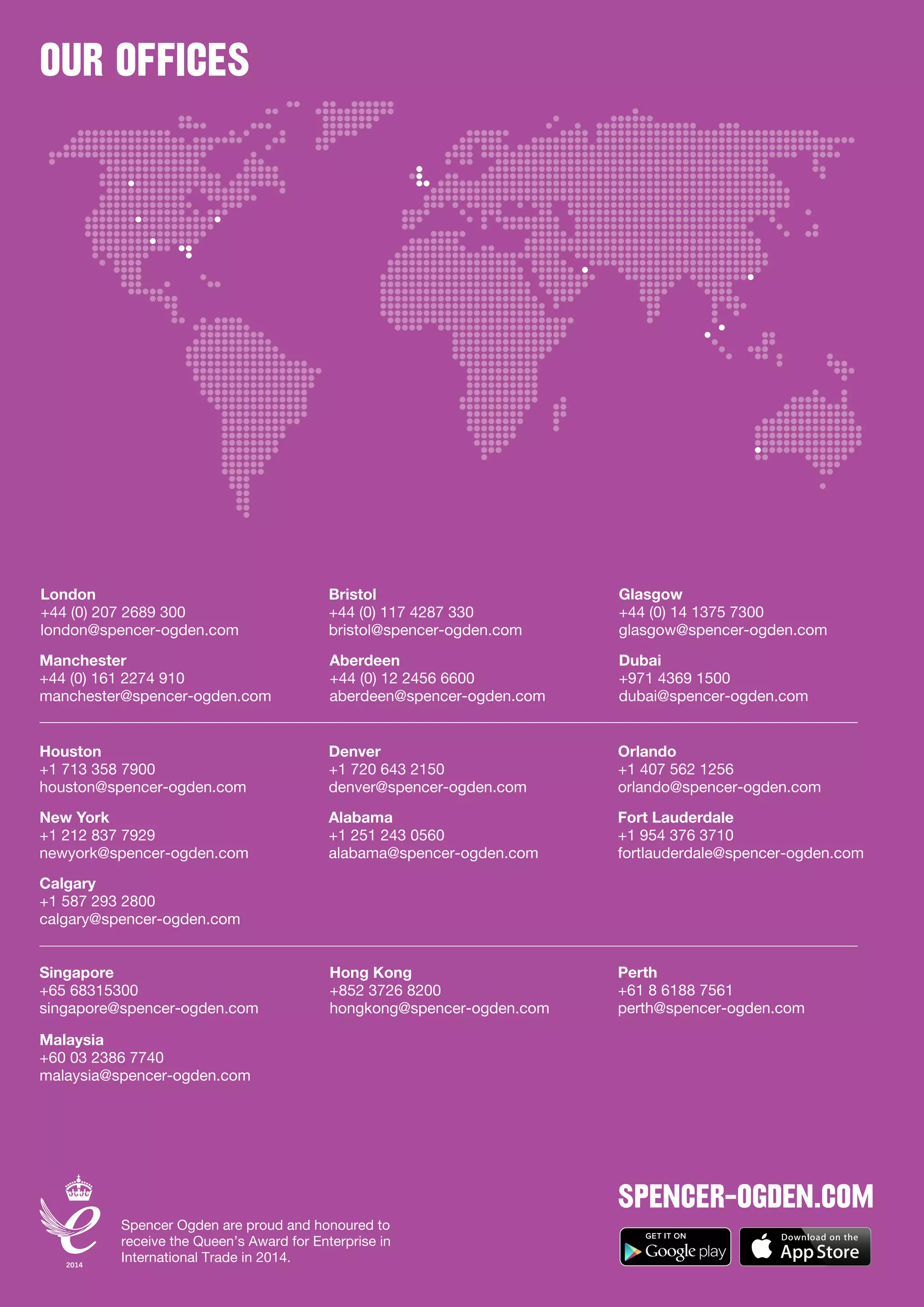 Our offices
SPENCER-OGDEN.COM
London
+44 (0) 207 2689 300
london@spencer-ogden.com
Aberdeen
+44 (0) 12 2456 6600
aberdeen@spencer-ogden.com
Glasgow
+44 (0) 14 1375 7300
glasgow@spencer-ogden.com
Dubai
+971 4369 1500
dubai@spencer-ogden.com
Calgary
+1 587 293 2800
calgary@spencer-ogden.com
Houston
+1 713 358 7900
houston@spencer-ogden.com
Orlando
+1 407 562 1256
orlando@spencer-ogden.com
Manchester
+44 (0) 161 2274 910
manchester@spencer-ogden.com
Fort Lauderdale
+1 954 376 3710
fortlauderdale@spencer-ogden.com
Alabama
+1 251 243 0560
alabama@spencer-ogden.com
Denver
+1 720 643 2150
denver@spencer-ogden.com
New York
+1 212 837 7929
newyork@spencer-ogden.com
Perth
+61 8 6188 7561
perth@spencer-ogden.com
Singapore
+65 68315300
singapore@spencer-ogden.com
Hong Kong
+852 3726 8200
hongkong@spencer-ogden.com
Malaysia
+60 03 2386 7740
malaysia@spencer-ogden.com
Bristol
+44 (0) 117 4287 330
bristol@spencer-ogden.com
 