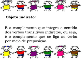 Objeto indireto:
É o complemento que integra o sentido
dos verbos transitivos indiretos, ou seja,
é o complemento que se liga ao verbo
por meio de preposição.
 