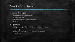 JavaScript: Syntax
▪ Values -Two types
– Fixed values are called literals.
▪ 1001, "John Doe"
– Variable values are called variables.
▪ var x;
▪ Operators
– assignment operator ( = ) to assign values to variables
▪ var x = 5;
– arithmetic operators ( + - * / ) to compute values
▪ (5 + 6) * 10
 