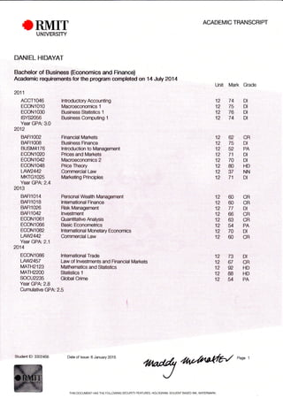 {)RIVIITUNIVERSITY
DANIEL HIDAYAT
Bachelor of Business (Economics and Finance)
Academic requirements for the program completed on 14 July 2O14
lntroductory Accounting
Macroeconomics 1
Business Statistics 1
Business Computing 1
Financial Markets
Business Finance
lntroduction to Management
Prices and Markets
Macroeconomics 2
Price Theory
Commercial Law
Marketing Principles
Personal Wealth Management
lnternational Finance
Risk Management
lnvestment
Quantitative Analysis
Basic Econometrics
lnternational Monetary Economics
Commercial Law
lnternational Trade
Law of lnvestments and Financial Markets
Mathematics and Statistics
Statistics 1
GlobalCrime
ACADEMIC TRANSCRIPT
Unit Mark Grade
12 74
12 75
12 76
12 74
12 62
12 75
12 52
12 71
12 7A
12 80
12 37
12 71
12 60
12 60
12 77
12 66
12 63
12 54
12 70
12 60
12
12
12
12
12
2A11
ACCT1046
ECON1010
ECON1030
rsYs2056
Year GPA: 3.0
2A12
BAF|'I002
BAFIIOOB
BUSM4176
ECON1020
ECON1042
ECON1048
tAw2442
MKrG1025
Year GPA: 2.4
2013
BAF|1014
BAF|1018
BAF|1026
BAF|1042
ECON1061
ECON1066
ECON1082
tAw2442',
Year GPA:2.1
2A14
ECONI0B6
LAW2457
MATH2.l23
MATH22OO
socu2235
Year GPA: 2.8
DI
DI
DI
DI
CR
DI
PA
DI
DI
HD
NN
DI
CR
CR
DI
CR
CR
PA
DI
CR
73 Dr
67 CR
92 HD
88 HD
54 PA
Cumulative GPA: 2.5
Date of lssue: 6 January 201 5
.ilrtapdl@e"s"t
J
Student lD:3302456
THIS DOCUMENT HAS THE FOLLOWING SECURITY FEATURES: HOLOGRAM, SOLVENT BASED lNK, WATEBIVIARK.
 