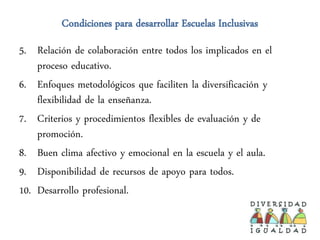 Condiciones para desarrollar Escuelas Inclusivas
5. Relación de colaboración entre todos los implicados en el
    proceso educativo.
6. Enfoques metodológicos que faciliten la diversificación y
    flexibilidad de la enseñanza.
7. Criterios y procedimientos flexibles de evaluación y de
    promoción.
8. Buen clima afectivo y emocional en la escuela y el aula.
9. Disponibilidad de recursos de apoyo para todos.
10. Desarrollo profesional.
 