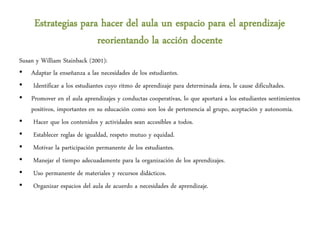 Estrategias para hacer del aula un espacio para el aprendizaje
                     reorientando la acción docente
Susan y William Stainback (2001):
• Adaptar la enseñanza a las necesidades de los estudiantes.
• Identificar a los estudiantes cuyo ritmo de aprendizaje para determinada área, le cause dificultades.
• Promover en el aula aprendizajes y conductas cooperativas, lo que aportará a los estudiantes sentimientos
    positivos, importantes en su educación como son los de pertenencia al grupo, aceptación y autonomía.
• Hacer que los contenidos y actividades sean accesibles a todos.
• Establecer reglas de igualdad, respeto mutuo y equidad.
• Motivar la participación permanente de los estudiantes.
• Manejar el tiempo adecuadamente para la organización de los aprendizajes.
• Uso permanente de materiales y recursos didácticos.
• Organizar espacios del aula de acuerdo a necesidades de aprendizaje.
 