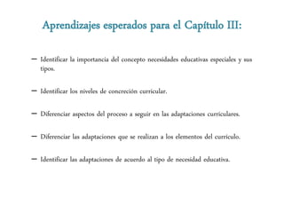 Aprendizajes esperados para el Capítulo III:

– Identificar la importancia del concepto necesidades educativas especiales y sus
  tipos.

– Identificar los niveles de concreción curricular.

– Diferenciar aspectos del proceso a seguir en las adaptaciones curriculares.

– Diferenciar las adaptaciones que se realizan a los elementos del currículo.

– Identificar las adaptaciones de acuerdo al tipo de necesidad educativa.
 