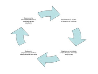 Conocemos las
 necesidades educativas      Se identifican los niveles
   especiales de cada        de construcción curricular
       estudiante




       Evaluación             Adaptaciones cuniculares
 Adaptaciones curriculares   en los diferentes elementos
según necesidad educativa            del currículo
 