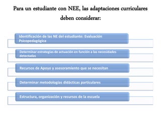 Para un estudiante con NEE, las adaptaciones curriculares
                    deben considerar:

  Identificación de las NE del estudiante: Evaluación
  Psicopedagógica

  Determinar estrategias de actuación en función a las necesidades
  detectadas


  Recursos de Apoyo y asesoramiento que se necesitan


  Determinar metodologías didácticas particulares


  Estructura, organización y recursos de la escuela
 
