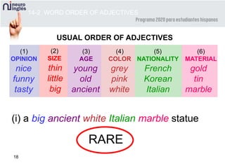 18
gold
tin
marble
nice
funny
tasty
thin
little
big
young
old
ancient
grey
pink
white
French
Korean
Italian
USUAL ORDER OF ADJECTIVES
(1)
OPINION
(2)
SIZE
(3)
AGE
(4)
COLOR
(5)
NATIONALITY
(6)
MATERIAL
14-2 WORD ORDER OF ADJECTIVES
(i) a big ancient white Italian marble statue
RARE
 