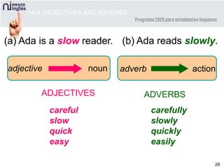 29
(a) Ada is a slow reader.
ADJECTIVES ADVERBS
careful
slow
quick
easy
carefully
slowly
quickly
easily
adjective noun adverb action
14-4 ADJECTIVES AND ADVERBS
(b) Ada reads slowly.
 