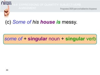 44
(c) Some of his house is messy.
some of + singular noun + singular verb
14-6 EXPRESSIONS OF QUANTITY: SUBJECT-VERB
AGREEMENT
 