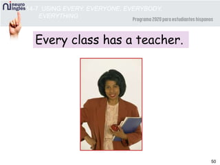 50
Every class has a teacher.
14-7 USING EVERY, EVERYONE, EVERYBODY,
EVERYTHING
 