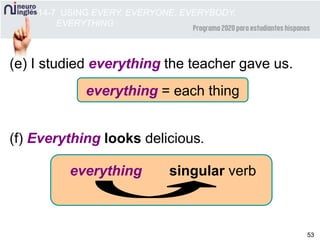 53
(e) I studied everything the teacher gave us.
(f) Everything looks delicious.
everything = each thing
everything singular verb
14-7 USING EVERY, EVERYONE, EVERYBODY,
EVERYTHING
 