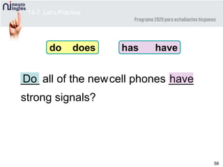 56
cell phones ____have___ all of the newDo
strong signals?
do does has have
14-7 Let’s Practice
 