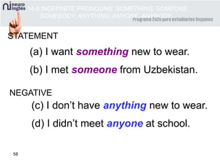 58
(a) I want something new to wear.
(b) I met someone from Uzbekistan.
STATEMENT
(c) I don’t have anything new to wear.
(d) I didn’t meet anyone at school.
NEGATIVE
14-8 INDEFINITE PRONOUNS: SOMETHING, SOMEONE,
SOMEBODY, ANYTHING, ANYONE, ANYBODY
 
