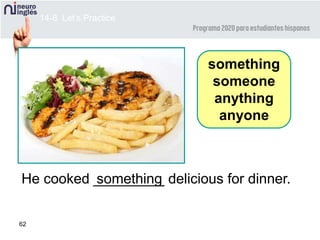 62
He cooked _________ delicious for dinner.something
something
someone
anything
anyone
14-8 Let’s Practice
 