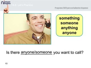 63
Is there ______________ you want to call?anyone/someone
something
someone
anything
anyone
14-8 Let’s Practice
 