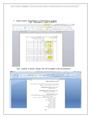 Sarah AlNofal |432008238 |SummerSemesterof 2015 | Riyadhchamberof commerce andindustry
6
3. Update analysis documentation of Subscriptions program
Fig2– Subscriptions system of RDCCI.
Fig3– schedule to classify changes that will be applied to the documentation
 
