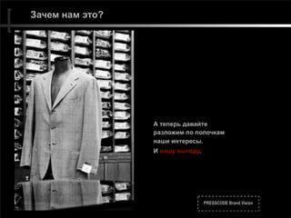 PRESSCODE Brand Vision
Зачем нам это?
А теперь давайте 
разложим по полочкам 
наши интересы.
И нашу выгоду.
 