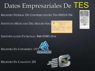 REGISTRO FEDERAL DE CONTRIBUYENTES: TES-930315-784
INSTITUTO MEXICANO DEL SEGURO SOCIAL:
IDENTIFICACIÓN PATRONAL: B48-55985-10-6
REGISTRO EN COPARMEX: 1371
REGISTRO EN CANAPAT: 251
Datos Empresariales De TES
 