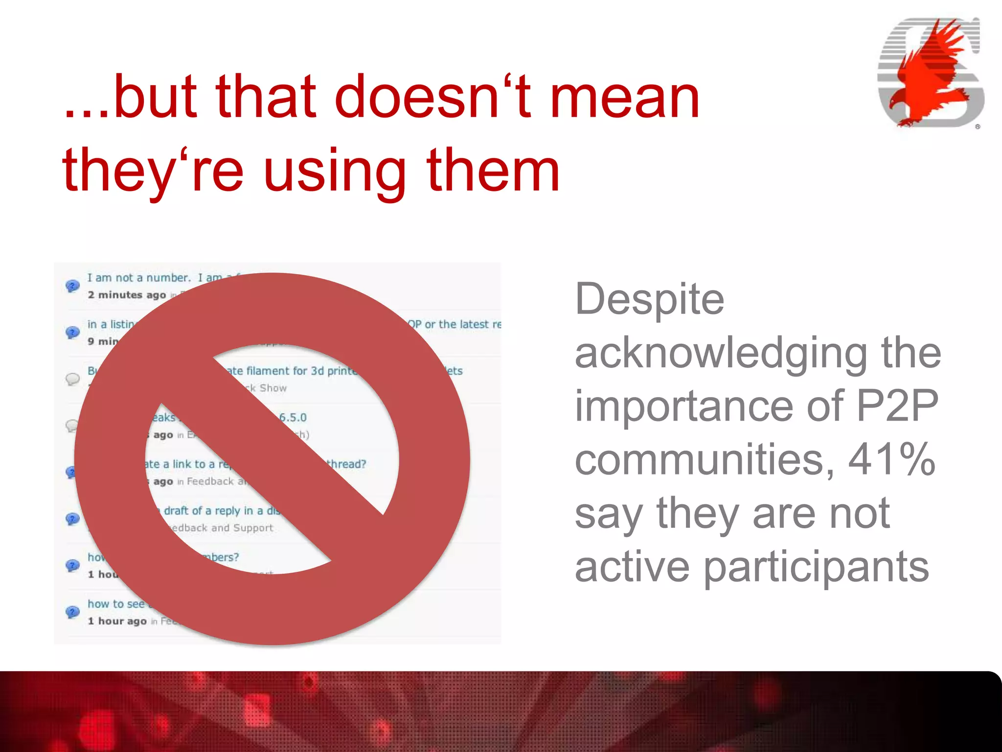 ...but that doesn„t mean
they„re using them
Despite
acknowledging the
importance of P2P
communities, 41%
say they are not
active participants

 