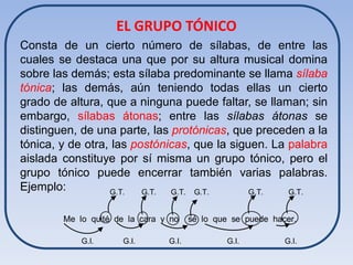 EL GRUPO TÓNICO
Consta de un cierto número de sílabas, de entre las
cuales se destaca una que por su altura musical domina
sobre las demás; esta sílaba predominante se llama sílaba
tónica; las demás, aún teniendo todas ellas un cierto
grado de altura, que a ninguna puede faltar, se llaman; sin
embargo, sílabas átonas; entre las sílabas átonas se
distinguen, de una parte, las protónicas, que preceden a la
tónica, y de otra, las postónicas, que la siguen. La palabra
aislada constituye por sí misma un grupo tónico, pero el
grupo tónico puede encerrar también varias palabras.
Ejemplo:          G.T.   G.T. G.T. G.T.       G.T.   G.T.


        Me lo quité de la cara y no    sé lo que se puede hacer.

            G.I.     G.I.       G.I.            G.I.         G.I.
 