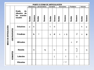 Por la Acción de las Cuerdas Vocales

Sordas         [p, t, k, f, s, x, c, ,]

Sonoras        [b, d, g , ǰ , m, n, ɲ, l, ÿ r, Þ]

          Por la Acción del Velo del Paladar

 Orales        [b, c, d, f, g, x, k. l, ÿ, p, r, r, s, t, ǰ, ,]

Nasales        [m, n, ɲ]
 