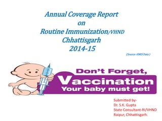 Annual Coverage Report
on
Routine Immunization/VHND
Chhattisgarh
2014-15
(Source:-HMIS Data )
Submitted by-
Dr. S.K. Gupta
State Consultant-RI/VHND
Raipur, Chhattisgarh.
 