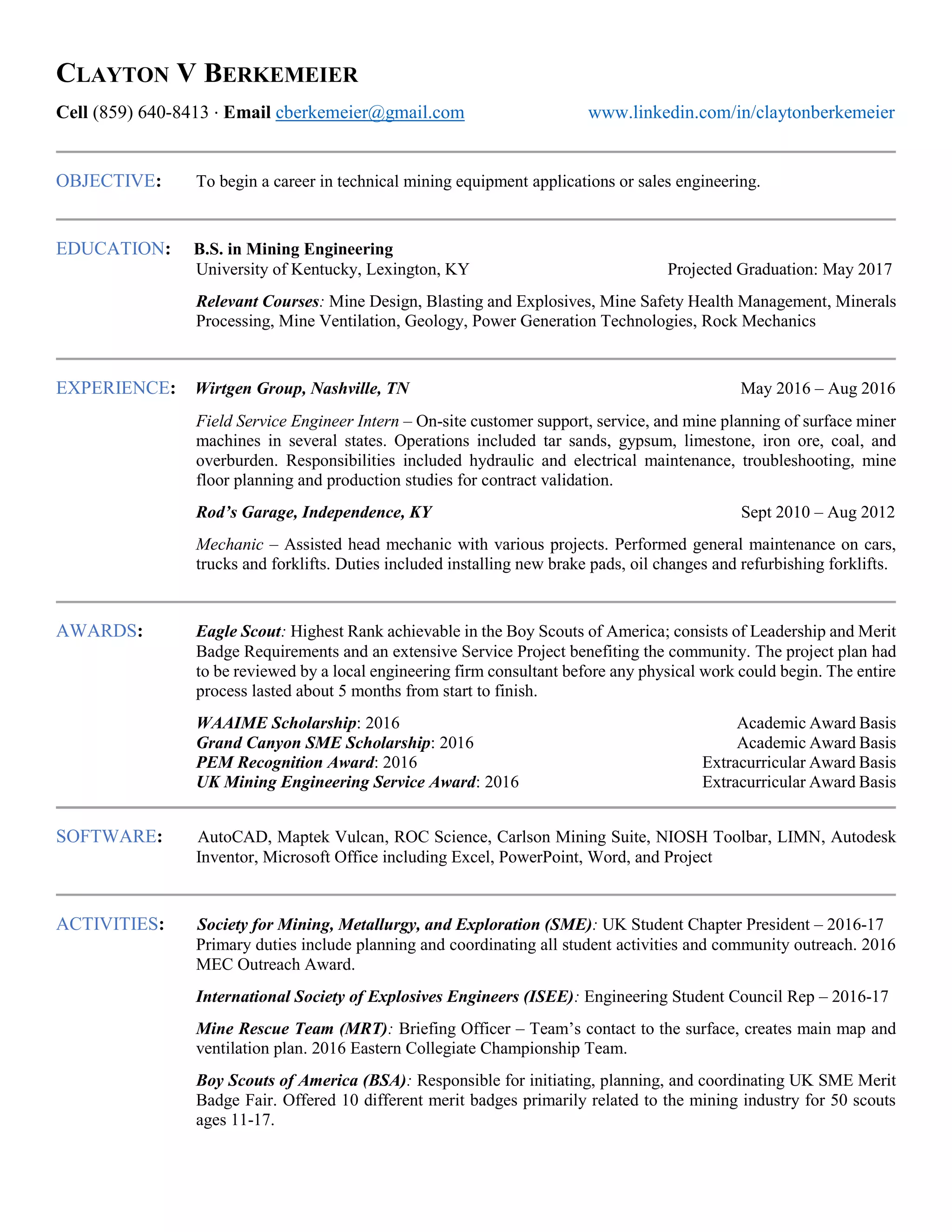 Clayton Berkemeier Mining Resume | PDF