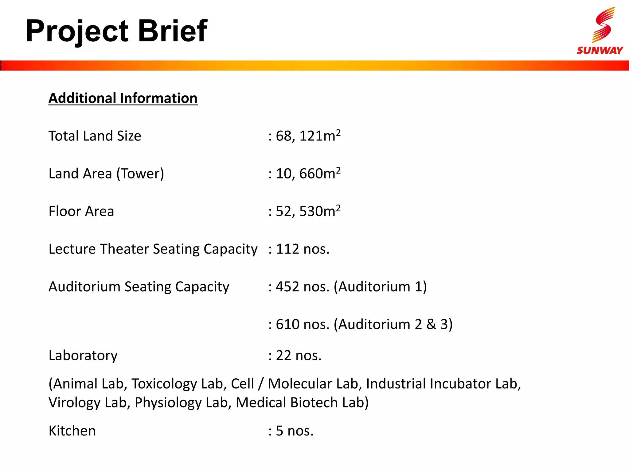 Project Brief
Additional Information
Total Land Size : 68, 121m2
Land Area (Tower) : 10, 660m2
Floor Area : 52, 530m2
Lecture Theater Seating Capacity : 112 nos.
Auditorium Seating Capacity : 452 nos. (Auditorium 1)
: 610 nos. (Auditorium 2 & 3)
Laboratory : 22 nos.
(Animal Lab, Toxicology Lab, Cell / Molecular Lab, Industrial Incubator Lab,
Virology Lab, Physiology Lab, Medical Biotech Lab)
Kitchen : 5 nos.
 