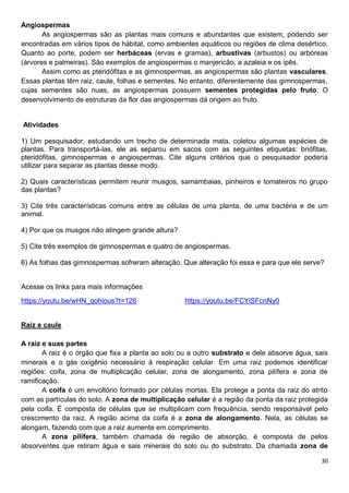 30
Angiospermas
As angiospermas são as plantas mais comuns e abundantes que existem, podendo ser
encontradas em vários tipos de hábitat, como ambientes aquáticos ou regiões de clima desértico.
Quanto ao porte, podem ser herbáceas (ervas e gramas), arbustivas (arbustos) ou arbóreas
(árvores e palmeiras). São exemplos de angiospermas o manjericão, a azaleia e os ipês.
Assim como as pteridófitas e as gimnospermas, as angiospermas são plantas vasculares.
Essas plantas têm raiz, caule, folhas e sementes. No entanto, diferentemente das gimnospermas,
cujas sementes são nuas, as angiospermas possuem sementes protegidas pelo fruto. O
desenvolvimento de estruturas da flor das angiospermas dá origem ao fruto.
Atividades
1) Um pesquisador, estudando um trecho de determinada mata, coletou algumas espécies de
plantas. Para transportá-las, ele as separou em sacos com as seguintes etiquetas: briófitas,
pteridófitas, gimnospermas e angiospermas. Cite alguns critérios que o pesquisador poderia
utilizar para separar as plantas desse modo.
2) Quais características permitem reunir musgos, samambaias, pinheiros e tomateiros no grupo
das plantas?
3) Cite três características comuns entre as células de uma planta, de uma bactéria e de um
animal.
4) Por que os musgos não atingem grande altura?
5) Cite três exemplos de gimnospermas e quatro de angiospermas.
6) As folhas das gimnospermas sofreram alteração. Que alteração foi essa e para que ele serve?
Acesse os links para mais informações
https://youtu.be/wHN_qohious?t=126 https://youtu.be/FCYiSFcnNy0
Raiz e caule
A raiz e suas partes
A raiz é o órgão que fixa a planta ao solo ou a outro substrato e dele absorve água, sais
minerais e o gás oxigênio necessário à respiração celular. Em uma raiz podemos identificar
regiões: coifa, zona de multiplicação celular, zona de alongamento, zona pilífera e zona de
ramificação.
A coifa é um envoltório formado por células mortas. Ela protege a ponta da raiz do atrito
com as partículas do solo. A zona de multiplicação celular é a região da ponta da raiz protegida
pela coifa. É composta de células que se multiplicam com frequência, sendo responsável pelo
crescimento da raiz. A região acima da coifa é a zona de alongamento. Nela, as células se
alongam, fazendo com que a raiz aumente em comprimento.
A zona pilífera, também chamada de região de absorção, é composta de pelos
absorventes que retiram água e sais minerais do solo ou do substrato. Da chamada zona de
 