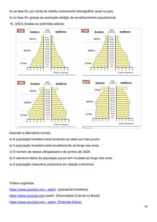 58
d) na fase 03, por conta do restrito crescimento demográfico atual no país.
e) na fase 04, graças ao avançado estágio de envelhecimento populacional.
10. (UEA) Analise as pirâmides etárias:
Assinale a alternativa correta.
a) A população brasileira está tornando-se cada vez mais jovem.
b) A população brasileira está envelhecendo ao longo dos anos.
c) O número de idosos ultrapassará o de jovens até 2020.
d) A estrutura etária da população pouco tem mudado ao longo dos anos.
e) A população masculina predomina em relação à feminina.
Vídeos sugeridos
https://www.youtube.com › watch (populacão brasileira)
https://www.youtube.com›watch (Diversidade Cultural no Brasil)
https://www.youtube.com › watch (Pirâmide Etária)
 