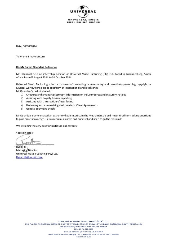 daniel reference letter universal music publishing music business cover letter