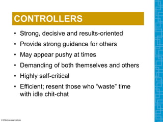 CONTROLLERS
• Strong, decisive and results-oriented
• Provide strong guidance for others
• May appear pushy at times
• Demanding of both themselves and others
• Highly self-critical
• Efficient; resent those who “waste” time
with idle chit-chat
© Effectiveness Institute
 