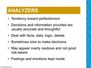 ANALYZERS
• Tendency toward perfectionism
• Decisions and information provided are
usually accurate and thoughtful
• Deal with facts, data, logic, details
• Sometimes slow to make decisions
• May appear overly cautious and not good
risk-takers
• Feelings and emotions kept inside
© Effectiveness Institute
 