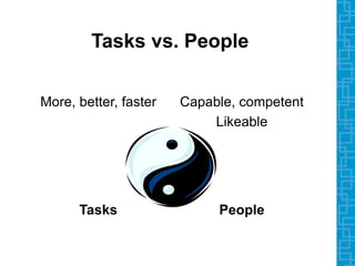 Tasks vs. People
More, better, faster Capable, competent
Likeable
Tasks People
 