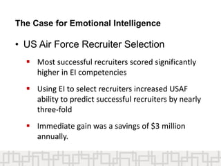 The Case for Emotional Intelligence
• US Air Force Recruiter Selection
 Most successful recruiters scored significantly
higher in EI competencies
 Using EI to select recruiters increased USAF
ability to predict successful recruiters by nearly
three-fold
 Immediate gain was a savings of $3 million
annually.
 