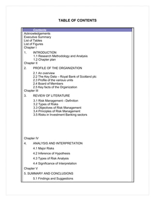 TABLE OF CONTENTS
Contents
Acknowledgements
Executive Summary
List of Tables
List of Figures
Chapter I
1. INTRODUCTION
1.1 Research Methodology and Analysis
1.2 Chapter plan
Chapter II
2. PROFILE OF THE ORGANIZATION
2.1 An overview
2.2 The Key Data – Royal Bank of Scotland plc
2.3 Profile of the various units
2.4 Board of Members
2.5 Key facts of the Organization
Chapter III
3. REVIEW OF LITERATURE
3.1 Risk Management - Definition
3.2 Types of Risks
3.3 Objectives of Risk Management
3.4 Principles of Risk Management
3.5 Risks in Investment Banking sectors
Chapter IV
4. ANALYSIS AND INTERPRETATION
4.1 Major Risks
4.2 Inference of Hypothesis
4.3 Types of Risk Analysis
4.4 Significance of Interpretation
Chapter V
5. SUMMARY AND CONCLUSIONS
5.1 Findings and Suggestions
 