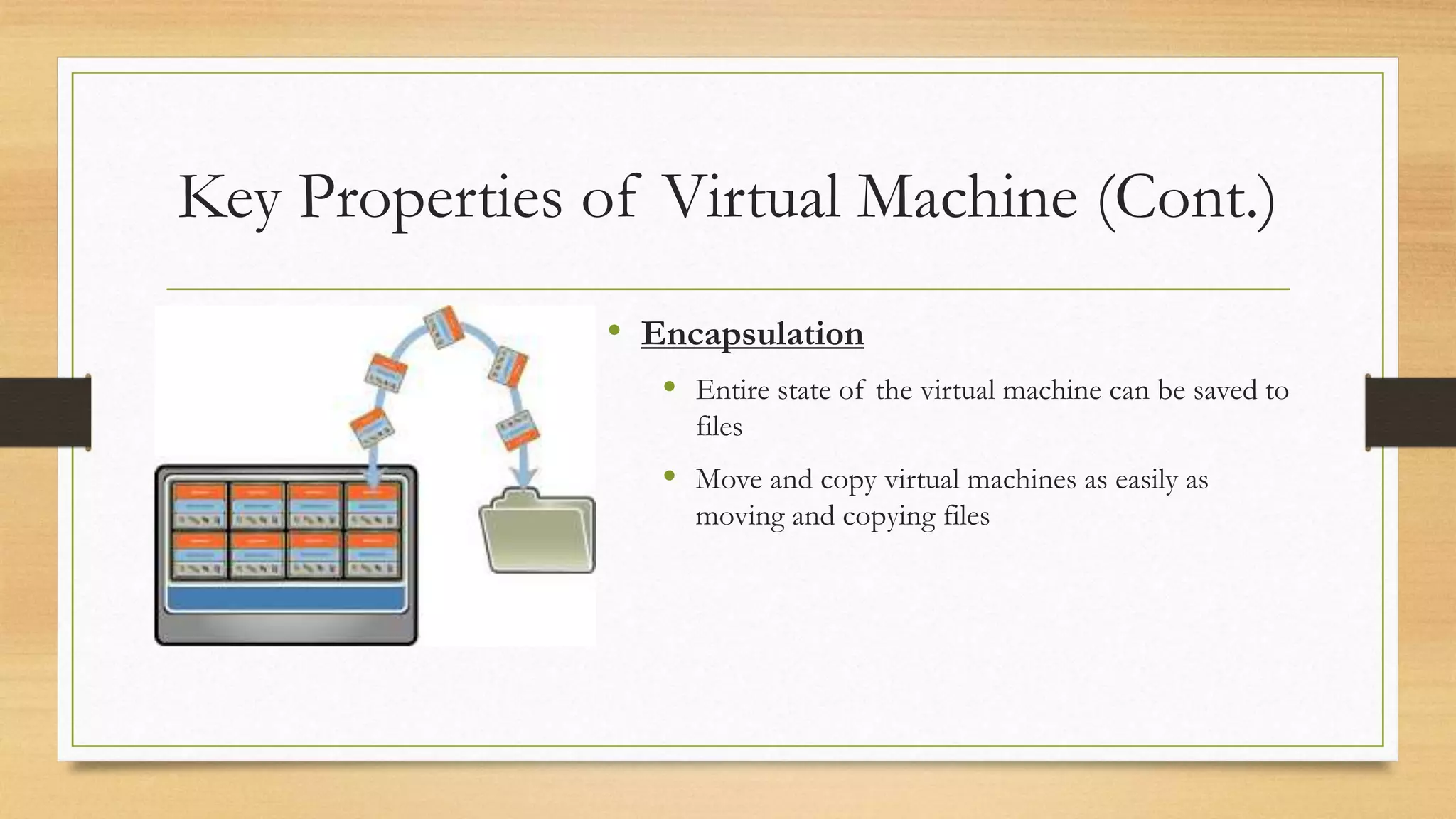 Key Properties of Virtual Machine (Cont.)
• Encapsulation
 Entire state of the virtual machine can be saved to
files
 Move and copy virtual machines as easily as
moving and copying files
 