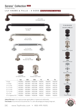 Serene™
Collection N E W
US Patents Pending
BLK BSN ORB PC PN TB
1" Knob TK820BLK TK820BSN TK820ORB TK820PC TK820PN TK820TB
1 1
∕8" Knob TK821BLK TK821BSN TK821ORB TK821PC TK821PN TK821TB
3 3/4" cc Pull TK822BLK TK822BSN TK822ORB TK822PC TK822PN TK822TB
5 1
∕16" cc Pull TK823BLK TK823BSN TK823ORB TK823PC TK823PN TK823TB
6 5
∕16" cc Pull TK824BLK TK824BSN TK824ORB TK824PC TK824PN TK824TB
7 9
∕16" cc Pull TK825BLK TK825BSN TK825ORB TK825PC TK825PN TK825TB
12" cc Pull TK827BLK TK827BSN TK827ORB TK827PC TK827PN TK827TB
12" cc Appliance Pull TK828BLK TK828BSN TK828ORB TK828PC TK828PN TK828TB
L I L Y K N O B S & P U L L S ~ 8 S I Z E S Matching Appliance Pulls - see page 147
F I N I S H E S
A V A I L A B L E
PN
Polished Nickel
BSN
Brushed Satin Nickel
ORB
Oil Rubbed Bronze
BLK
Flat Black
PC
Polished Chrome
TB
Tuscan Bronze
1" Knob
Brushed Satin Nickel
3 3/4" cc Pull
Brushed Satin Nickel
5 1
∕16" cc Pull
Polished Chrome
6 5
∕16" cc Pull
Polished Nickel
7 9
∕16" cc Pull
Flat Black
12" cc Pull
Oil Rubbed Bronze
1 1
∕8" Knob
Oil Rubbed Bronze
[ 8 ] w w w. To p K n o b s . c o m • 8 0 0 - 4 9 9 - 9 0 9 5
Lifetime Warranty for the original purchaser against defects in materials and craftsmanship.
Free Samples of any knob and of any pull less than 7" cc, with a $5 packaging and shipping charge each.
 