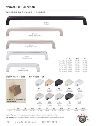51
∕16" cc
Polished Chrome
65
∕16" cc
Polished Chrome
79
∕16" cc
Brushed Satin Nickel
813
∕16" cc
Brushed Satin Nickel
125
∕8" cc
Flat Black
BLK BSN PC
51
∕16" cc Pull M1174 M1173 M1175
65
∕16" cc Pull M1171 M1170 M1172
79
∕16" cc Pull M2100 M2106 M2112
813
∕16" cc Pull M2101 M2107 M2113
125
∕8" cc Pull M2102 M2108 M2114
175
∕8" cc Pull M2103 M2109 M2115
Nouveau III Collection
T A P E R E D B A R P U L L S ~ 6 S I Z E S
S Q U A R E K N O B S ~ 1 0 F I N I S H E S
M1587 - 5
∕8" cc Square Knob in
Brushed Bronze
TB
Tuscan
Bronze
PTA
Pewter
Antique
SS
Stainless
Steel
WHT
White
PC
Polished
Chrome
ALU
Aluminum
PN
Polished
Nickel
ALU BB BLK BSN PC PN PTA SS TB WHT
5
∕8" cc M1874 M1587 M1165 M1164 M1166 M1320 M1589 SS37 M1588 M1873
BSN
Brushed
Satin Nickel
BLK
Flat Black
BB
Brushed
Bronze
[ 9 8 ] w w w. To p K n o b s . c o m • 8 0 0 - 4 9 9 - 9 0 9 5
Lifetime Warranty for the original purchaser against defects in materials and craftsmanship.
Free Samples of any knob and of any pull less than 7" cc, with a $5 packaging and shipping charge each.
 